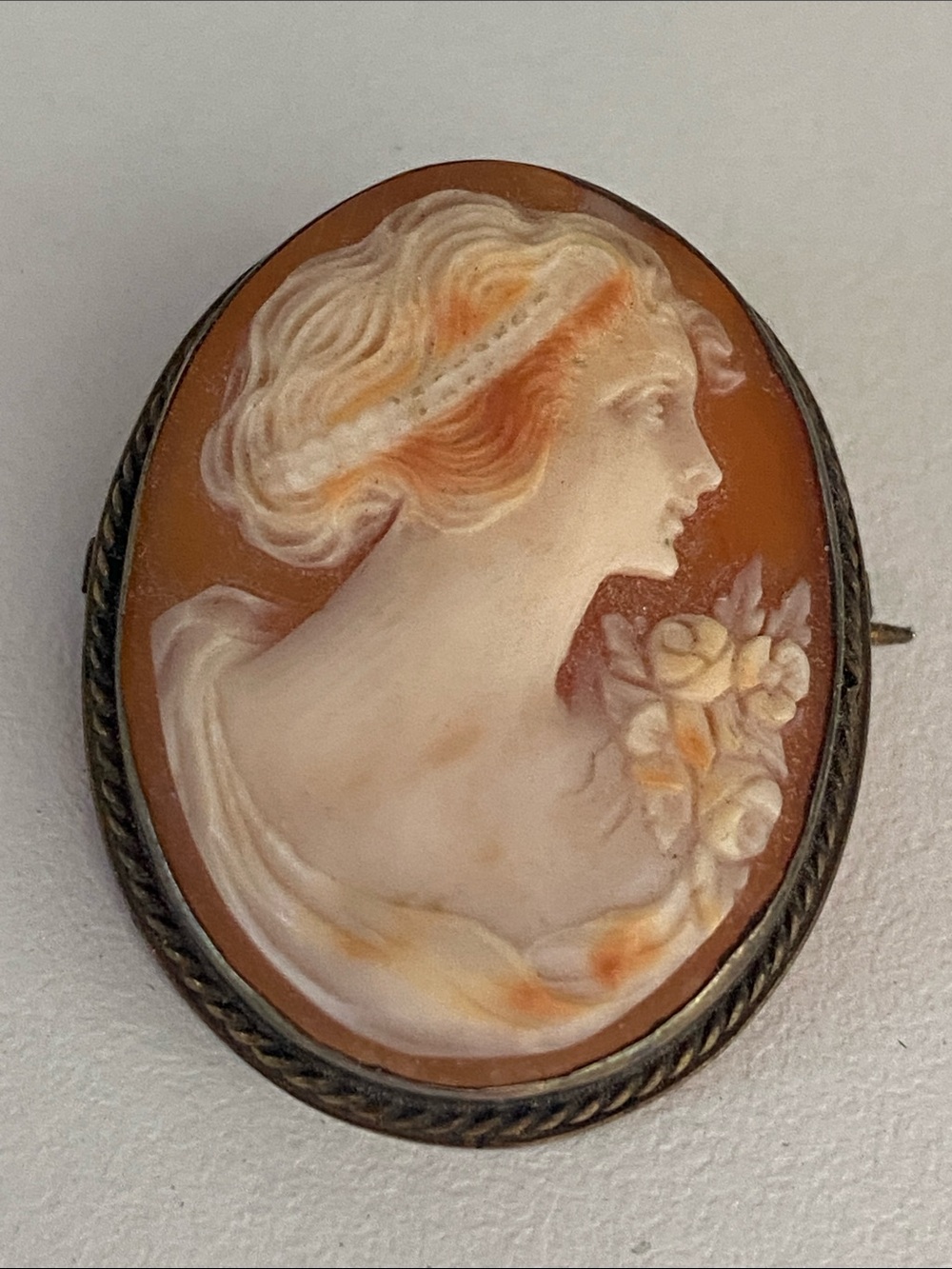 Antique 1800s Carved Shell Cameo Brooch in sterling silver
